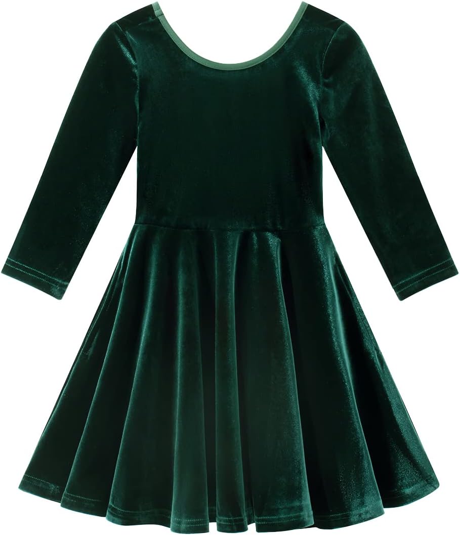 Noomelfish Girls 3/4 Sleeve Velvet Twirly Dress Casual Skater Dresses with Pockets (4-12 Years)