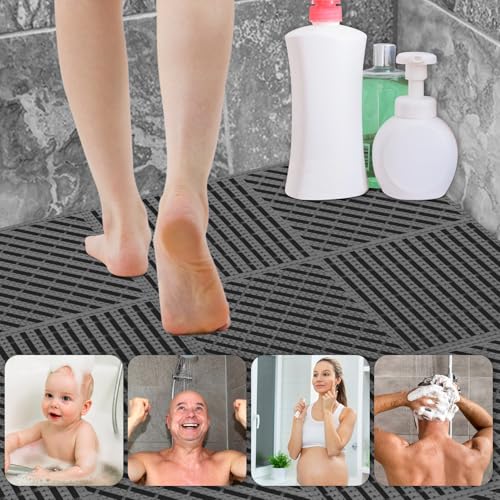 Image of ToLanbbt Modular Interlocking Cushion 12P 11.8 inch x 11.8 inch Interlocking Rubber Floor Drain Holes Non-Slip Splicing Drainage Mats for Deck, Shower, Kitchen, Drain Pool, Sauna Bath (Dark Grey, 2 Rows Dots)