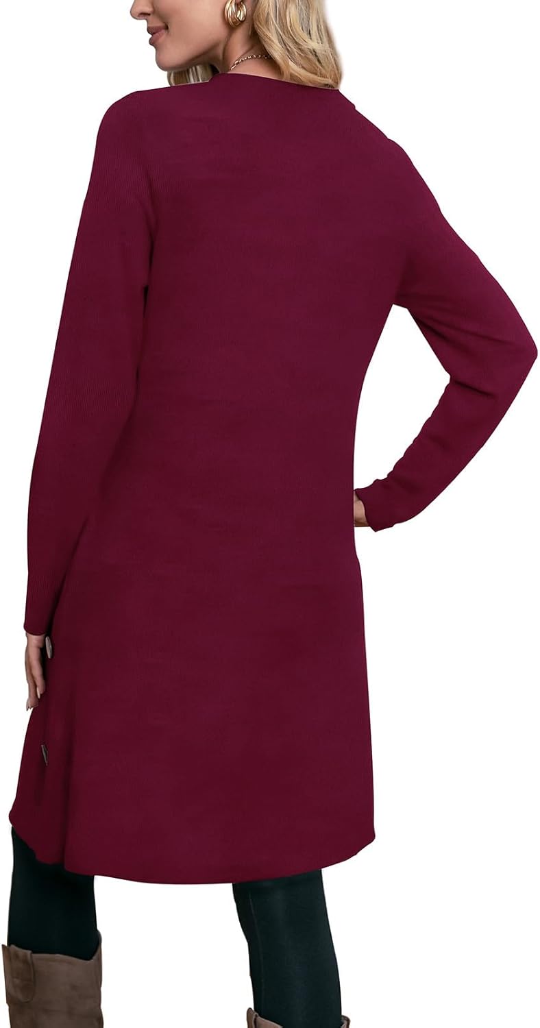 OFEEFAN Long Sleeve Dress for Women Crew Neck Tunic Dress with Pockets Buttons Side
