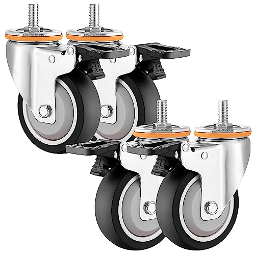 2.5 3 4 5インチ 回転ステムキャスター 4個セット、ねじ式ステム M10 M12 スイベルキャスターホイール 移動 静音 衝