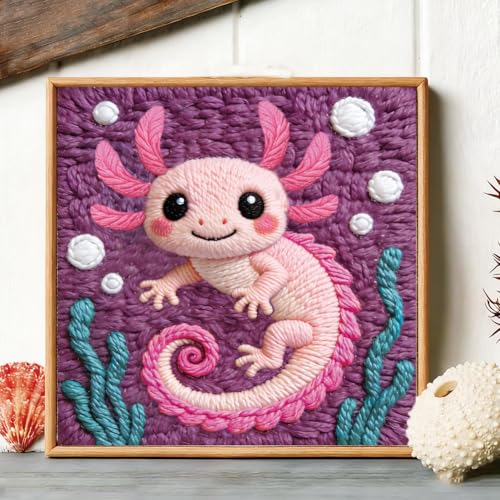Image of BEUNITONE Pink Axolotl Punch Needle Kit for Adults Beginners, Complete DIY Craft Needlepoint Kits with Hoop, Punch Needle Starter Craft Embroidery Set for Handmade Decor & Stitching Projects 9.4X9.4 inch