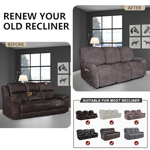 Image of molasofa Recliner Sofa Covers - Leather Like Recliner Sofa 3 Seater Recliner Couch Covers for 3 Cushion Couch 8 Pieces Washable Stretch Reclining Sofa Slipcovers (Khaki)