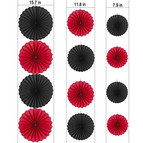 Image of MOWO Black Red Paper Fans Hanging Decoration, 12pc | birthday graduation wedding retirement baby shower new year valentines day party decoration