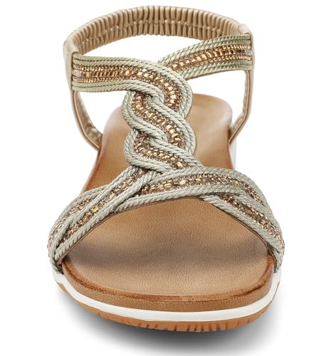 Image of UBFEN Flat Sandals For Women Dressy Arch Support Comfortable Casual Sandal With 2026 Rhinestone Braid Elastic Strap Summer Vacation