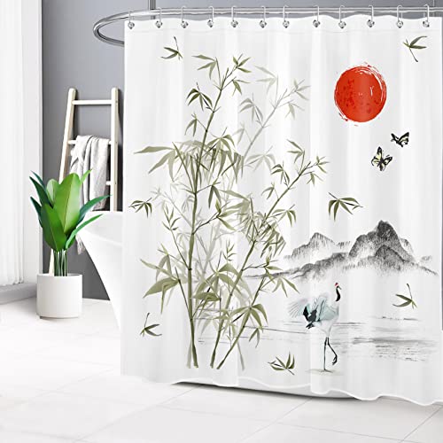 LB Japanese Landscape Shower Curtain Green Bamboo Forest Red Sun Grey Mountain Shower Curtains for Bathroom Washable Anti Mould Waterproof Polyester Bath Curtain Set including Hooks,71x71 inches - Image 3