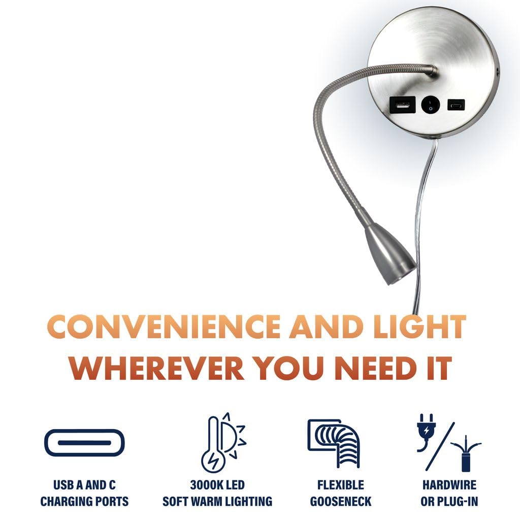 Newhouse Lighting Selene Lampe de lecture col de cygne en acier brossé avec ports de charge USB-A et USB-C NHRL-SE-SLV, 11,4 x 38,1 cm (l x H)