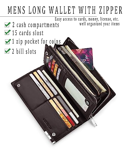 VANNANBA Long Wallet for Men with Zipper Leather Genuine Large Capacity Checkbook Clutch Purse for Travel Business Reddish brown/Black3
