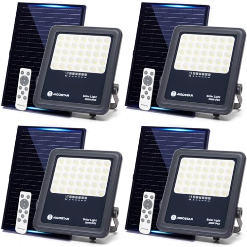 Aigostar Foco proyector LED solar con control remoto 4 piezas,focos solare de 200W, 2000LM,luz blanca fría de 6500K,IP65 impermeable Luz solar exterior,para jardín,terrazas,caminos,garajes,cable de 2M