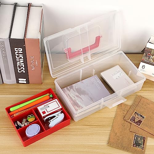 Image of BTSKY Clear Plastic Storage Box with Removable Tray Multipurpose Stationery Storage Box with Handle Handy Sewing Box Art Craft Supply Organizer Home Utility Box (Red)