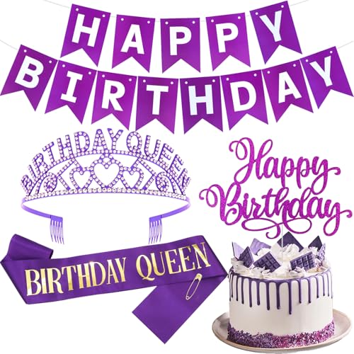 FASOTY Purple Birthday Decorations for Women Girls Party Decorations with Rhinestone Crown and Sash Happy Birthday Banner Cake Topper Girls Party Decor Supplies