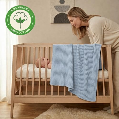 Image of 100% Organic Cotton Knit Receiving Baby Blanket for Newborns - Soft, Breathable Blanket for Crib & Stroller - Nursery Gift 2-Pack (Ribbed Fog /Baby Blue).