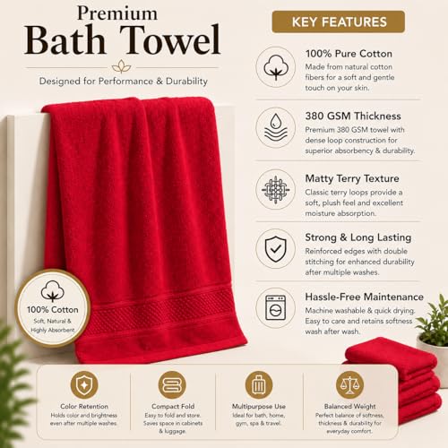 Image of 100% Pure Cotton Bath Towel for Men & Women | 380 GSM Ultra Soft, Highly Absorbent & Quick Dry Bath Towel | Large 55 x 28 Inch Matty Terry Towel for Bathroom, Gym, Travel & Daily Use | Red