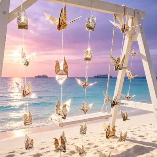 INYUEEIC Nautical Style Origami Crane Hanging Garland，Coastal Theme Handmade Bird Blessing Banner，Vintage Paper Streamer for Bridal and Baby Shower Decor Wedding Birthday Party Supplies（3 Strings）