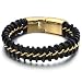 Large 8.4 Inches Mens Black Braided Leather Bracelet Interwoven with Gold Curb Chain in Steel