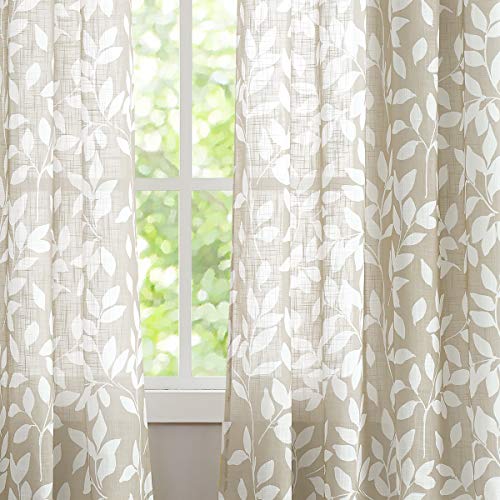 Image of Treatmentex Print Semi Sheer Leaf Curtains for Living Room 52 inch x 54 inch White and Taupe Curtain Panels for Windows, 2 Pack, Taupe, Grommet Top