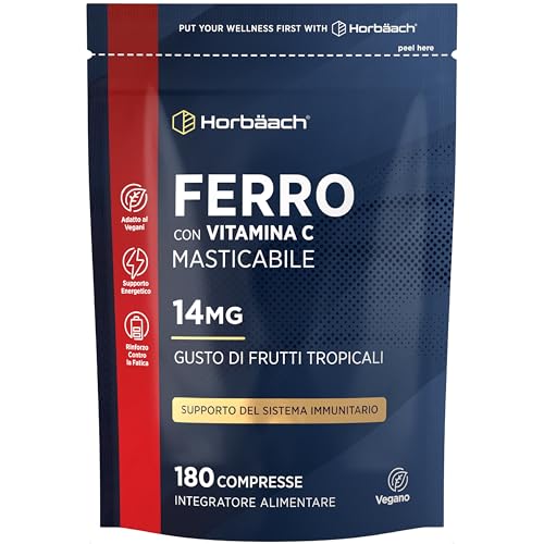 Ferro Vitamina C 80mg | 180 Compresse Masticabili Vegane | Integratore Ferro e Vitamina C | Acido Ascorbico | Iron Vitamin C Supplement | di Horbaach