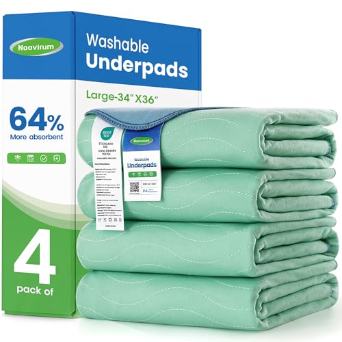 Noovirum® Washable Underpads,34'x36' (Pack of 4) - Heavy Absorbency Incontinence Bed Pads for Adults, Kids & Pets - Waterproof Reusable Protective Pad for Bed, Sofa, Furniture & Floor