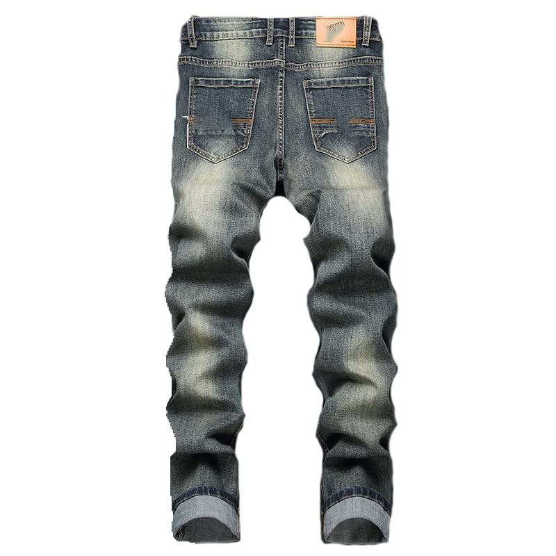 Mens Jeans Retro Washed Stretch Slim Fit Ripped Jeans Men Trousers Buttons Vintage Denim Pants