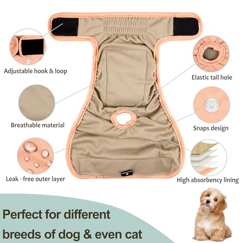 Image of Female Dog Diapers 5Pcs - Premium Reusable Diapers for Doggie in Heat - Highly Absorbent Dog Diapers Female for Pet Incontinence with Adjustable Snaps,S