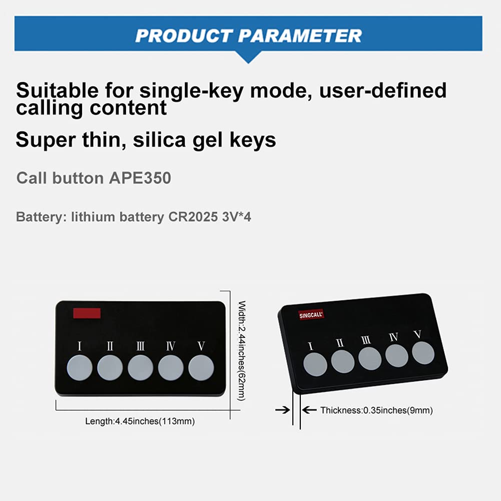 SINGCALL Sistema de Llamada para camareros, Sistema de Llamada inalámbrico | para cocina y camareros, ideal para restaurantes, hoteles, bares y cafeterías, 5 receptores tipo reloj+1 pulsador de llamada
