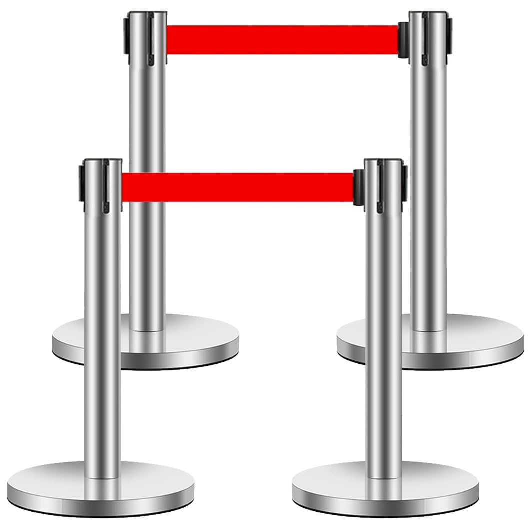 Aioneer Crowd Control Stanchions Set, Commercial Stanchion Post With Retractable Belts And Sand Injection Base For Airports, Theaters, Banks-3m/9.8ft Silver-4 Pack