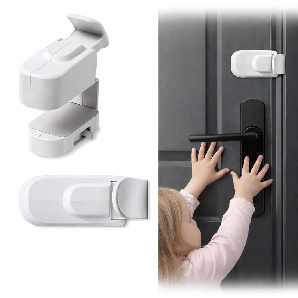 Photo 1 of Childproof Door Lock Snap-On No Drill Safety Locks for Baby Toddler Proof Door Latch Fits Interior Door Lever Handle and Round Door Knob Bedroom Nursery