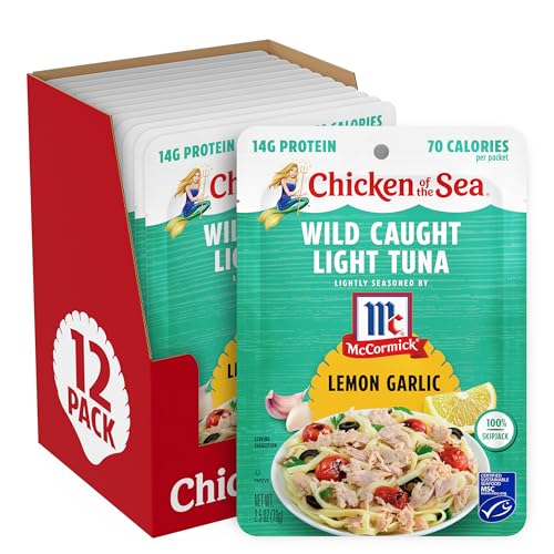 Chicken of the Sea Lightly Seasoned Lemon Garlic Wild Caught Light Tuna, 2.5 Ounce Packets, 12-Count – McCormick Flavored High Protein Tuna in Water – Easy, Delicious, Nutritious Ready to Eat Meals