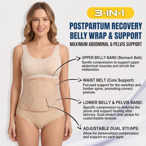 Image of Postpartum Belly Wrap Belt - 3-in-1 Post-Pregnancy Abdominal Binder & Recovery Corset for C-Section & Normal Delivery - Adjustable Post-Surgical Shapewear for Back Support and Stomach Tummy Tuck (Beige)