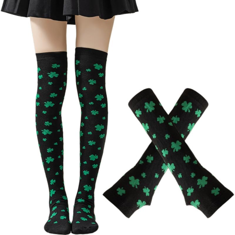 St. Patrick's Day Stockings Shamrock Thigh High Socks & Gloves Set Irish Green Stripes Knee Long Sock Parade Costume