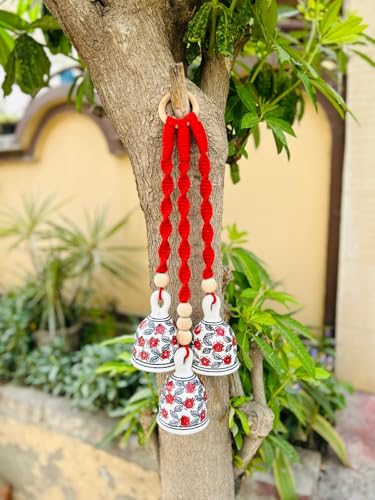 Image of RHD Bring Harmony Home - with The Soothing Chime of Macrame Symphony Ceramic Bells! inch Set of 3 Ceramic Hanging Bells Large Size(5 inches) with Hooks for Wall,Home, Garden Decor