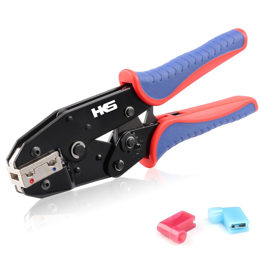 HKS Crimping Tool for Insulated Flag Terminals - Ratcheting Wire Crimpers - AWG 22-14 (0.5-2.5mm²) - Ratchet Terminal Crimper - Electrical Crimping Tool