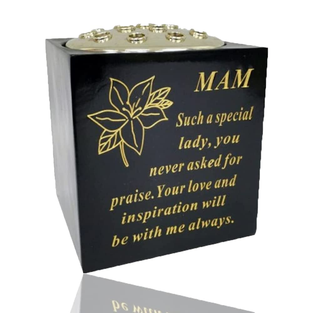Yaldram Black And Gold Graveside Flower Pot Verse Weatherproof Graveside Tribute Ornament Grave Rose Bowl_14 x 15cm (Black & Gold, Mam)
