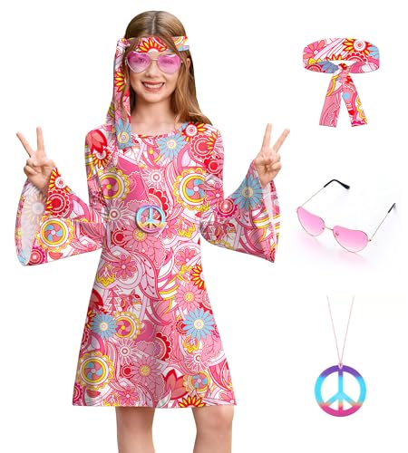 Girls Halloween Floral Hippie 70s 80s Bell Sleeve Outfit Party Dress with Sunglasses Pink 6 Years