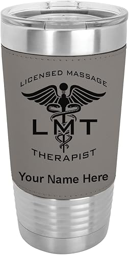 LaserGram Vaso aislado al vacío de 20 onzas terapeuta de masaje con licencia LMT grabado personalizado incluido piel sintética gris