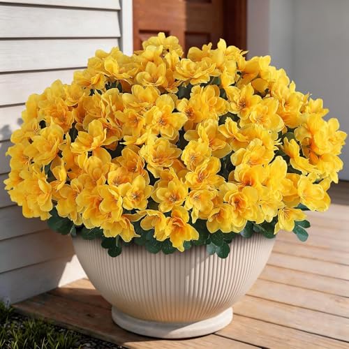 Image of 8 Bundles Artificial Flowers for Front Door, Fake Silk Azalea Bouquet Silk Flowers for Outside UV Resistant Realistic Faux Plants for Planter Farmhouse Patio Garden Walkways Home Decor (Yellow)