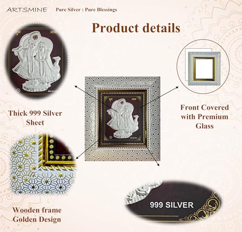 Image of ARTSMINE - 999 Pure Silver Radha Krishna Frame - Pure Silver Sheet with Purity Certificate & Resale Value | Pooja Room, Home & Office Decor | Wedding, Corporate & Housewarming Gift | Handcrafted Table Top & Wall Mount - 1 Unit (20 x 22 CM)