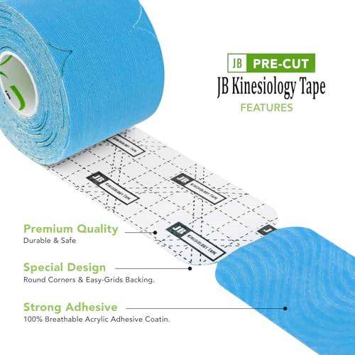 Image of JB Tape Kinesiology Tape, 80 Precut Strips, Blue, Latex‑Free, 4 Rolls | Elastic, Latex-Free, Water Resistant, Athletic Muscle & Joint Support