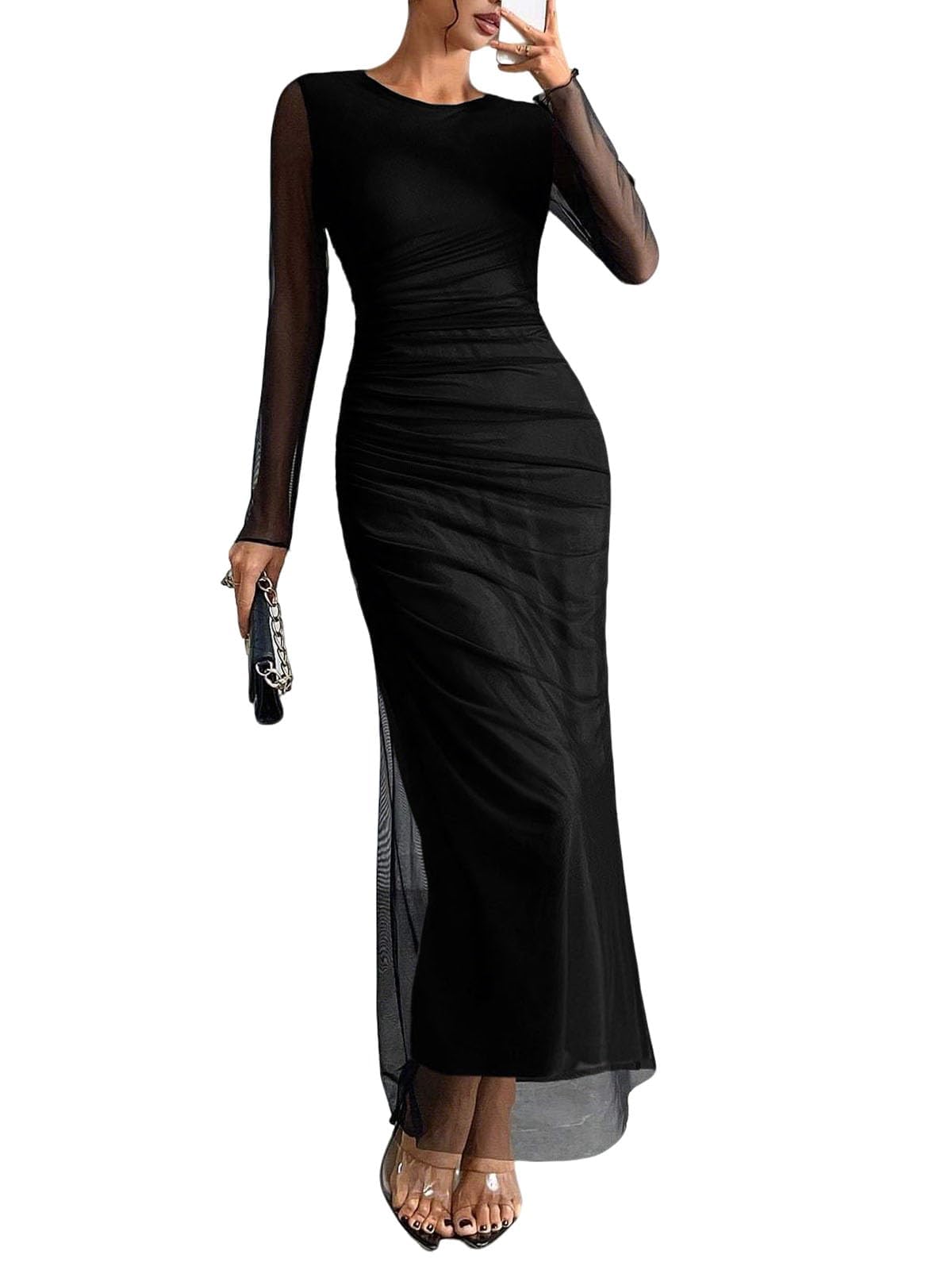 Womens Long Sleeves Maxi Bodycon Dress Tie Dye Ruched Mesh Layer Prom Formal Wedding Elegant Dresses