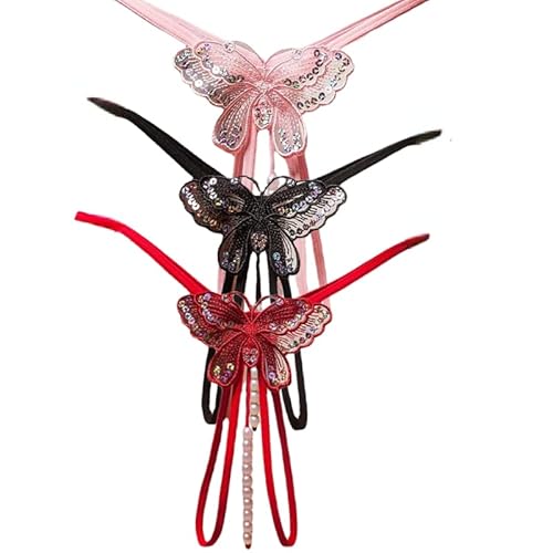 Sekexi Fashion Women Sexy Underwear Cutout Pendant Pearl Beads Embellished Lace Butterfly G-String Thong Underpants (as1, alpha, free_size, 3PCS(Black+pink+red))