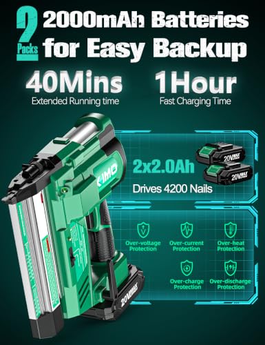 Image of KIMO Brushless Brad Nailer Cordless 2-in-1 18 Gauge Stapler and Nail Gun | 2 Firing Modes,180 Nails /min, Adjustable Depth, 2 *2.0Ah Battery, 1000xNails & Staples, Safety Lock, Smart Indicator for DIY