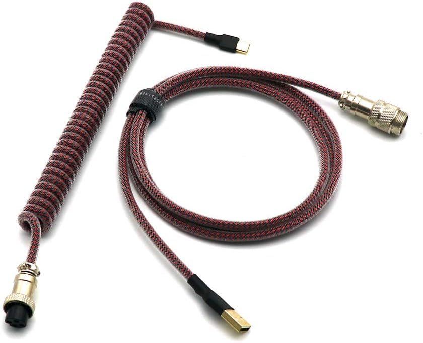 Angitu L Shape Double Sleeved Coiled Coiling Type C Mini Micro USB Cable for Mechanical Keyboard Cable with GX12 GX16 Aviator (GX16 Type C 1.5M 15-20cm, BP-Red+Clear)