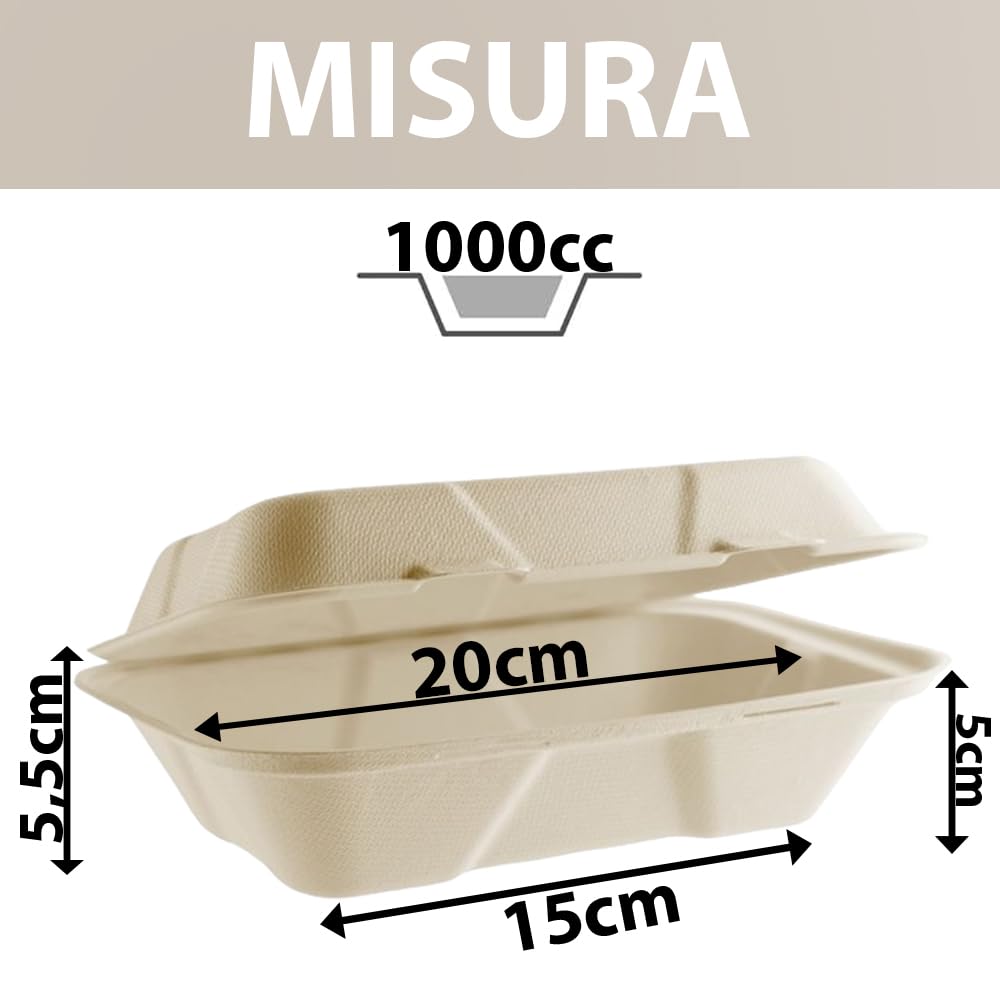 G.M. DISTRIBUZIONE 125 Vaschette in Polpa di Cellulosa con Coperchio da 1000ml, Ideale per Cibi Caldi e Freddi, Vaschetta con Elevata Resistenza Termica, Biodegradabile e Compostabile