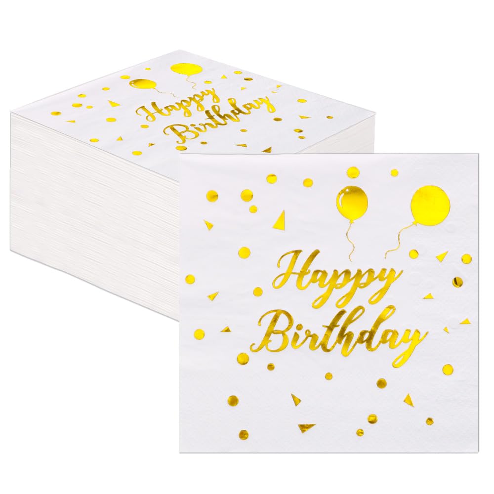 48 Pcs Happy Birthday Napkins - White Gold Napkins Disposable Party, Serviettes for Table Decorations Cocktail Supplies, 33X33cm โ image 1