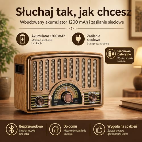 Retropolis Memphis Radio AM FM SW Bluetooth microSD USB – Styl Vintage, Akumulator 1200mAh, Sieciowo-Bateryjne