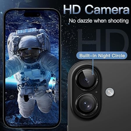 Image of for iphone 16 /16 Plus camera lens protector Tempered Glass Aluminum Alloy Ring with Camera Cover (Black)
