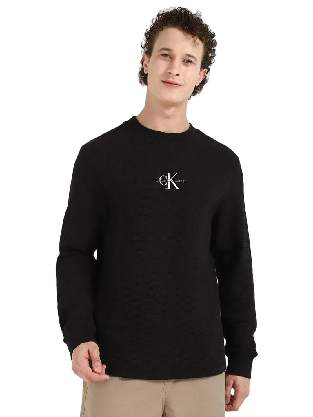 Calvin Klein Men’s Monologo Waffle Round Neck Sweatshirt, Black (Ck Black), XXS