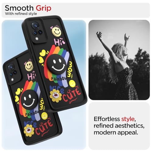Image of Pikkme Back Cover for Vivo V21 5G | Soft Silicone| Cute Rainbow Smile & 3D Cartoon Flower Design | Shockproof Raised Camera Protection Bumper Case (Black)