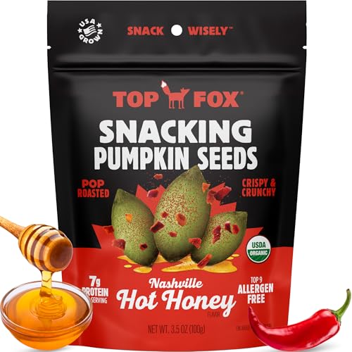 Top Fox Snacks Pumpkin Seeds to Eat (Nashville Hot Honey, 3.5 oz – 6 Pack) - Gluten Free Snacks, Protein Snacks, Keto Friendly Snacks, Allergen Free, Paleo &amp; Vegan - Organic Pop-Roasted