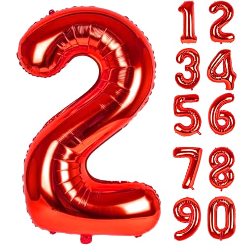 LAPONO Ballons Anniversaire 2 ans Rouge, 83cm Geant Ballon Chiffre Helium Ballon Vole Gonflable Numéro Decoration Aluminium pour Fille Garcon Enfant...