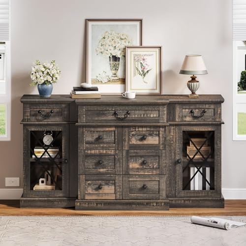 DWVO Farmhouse Sideboard Buffet Cabinet with Storage, 59" Storage Cabinet with 9 Drawers, TV Stands up to 65" for Living Room, Dinning Room, Vintage Brown